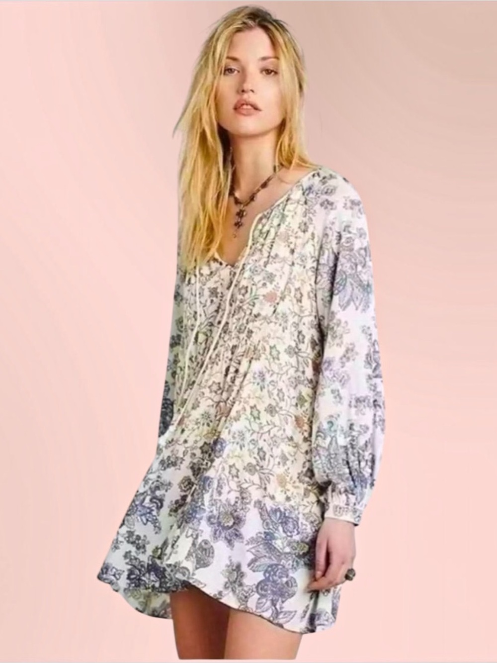 Free People Lucky Loosy Floral Boho Mini Dress S Ivory